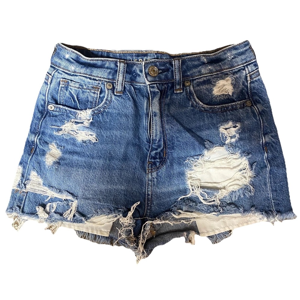 American Eagle Mom Denim Shorts Womens 00 Blue Stretch Distress Ripped Holes